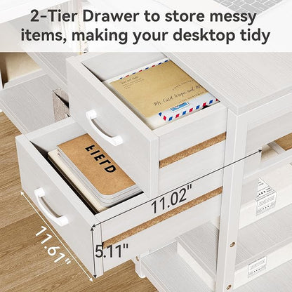 LITTLE TREE 55-Inch L-Shaped Computer Desk, Reversible Computer Desk with Drawers and Storage Shelves, Corner Desk Gaming Desk Work Desk for Home Office, White