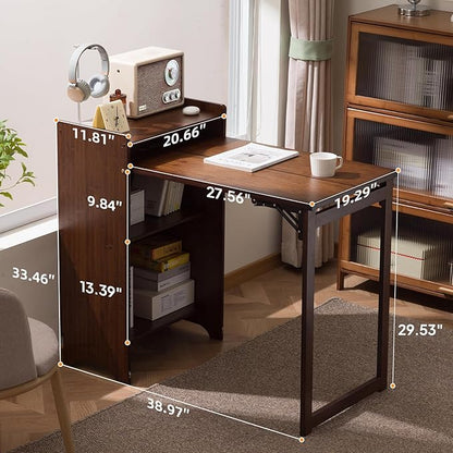 Bamboo Folding Desk with Storage, Space-Saving Foldable Computer Desk for Small Spaces, Writing Study Table for Home Office, Bedroom, Dorm, Apartment,White
