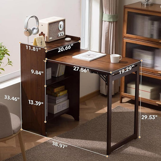 Bamboo Folding Desk with Storage, Space-Saving Foldable Computer Desk for Small Spaces, Writing Study Table for Home Office, Bedroom, Dorm, Apartment,White