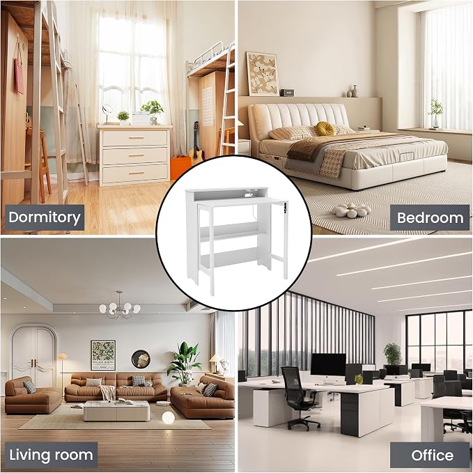 Fold Out Desk with Power Outlets, Small Foldable Table with Storage Shelf,Space-Saving Hidden Desk for Bedroom, Living Room & Office (White)