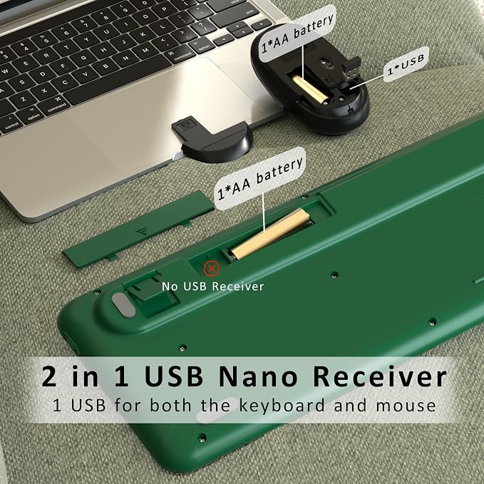 Colorful Wireless Keyboard and Mouse Combo, Retro Typewriter Style Round Keys, 2.4GHz Ergonomic Aesthetic Computer Keyboard with Wrist Rest for Mac, Windows, Laptop, PC(Dark Green)