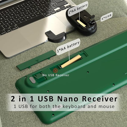 Colorful Wireless Keyboard and Mouse Combo, Retro Typewriter Style Round Keys, 2.4GHz Ergonomic Aesthetic Computer Keyboard with Wrist Rest for Mac, Windows, Laptop, PC(Dark Green)