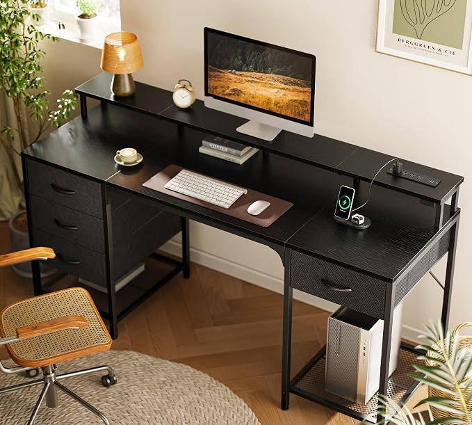 Huuger 63 inch Computer Desk with 4 Drawers, Gaming Desk with LED Lights & Power Outlets, Home Office Desk with Large Storage Space for Bedroom, Work from Home, Black