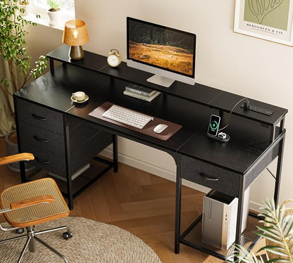Huuger 63 inch Computer Desk with 4 Drawers, Gaming Desk with LED Lights & Power Outlets, Home Office Desk with Large Storage Space for Bedroom, Work from Home, Black