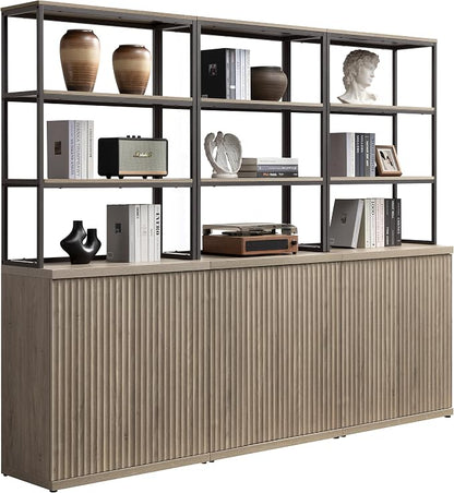 SICOTAS Book Shelf Fluted Bookshelf Cabinet - 75" Tall Bookcase 6 Tier Large Bookshelves with Doors Storage Modern Triple Wide Book Shelves Case for Living Room Home Office, Metal Frame, Grey