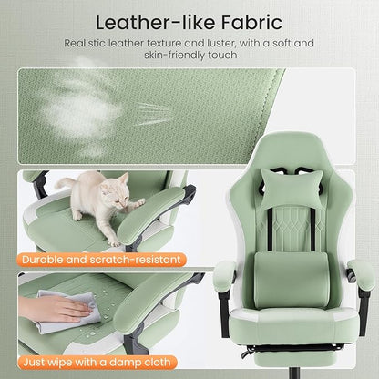 NEWBULIG Gaming Desk Chair - High Back Computer Office Chair with Footrest and Headrest, Comfy Ergonomic Lumbar Support with Linkage Armrests, Height Adjustable and 360° Swivel Wheels, Green