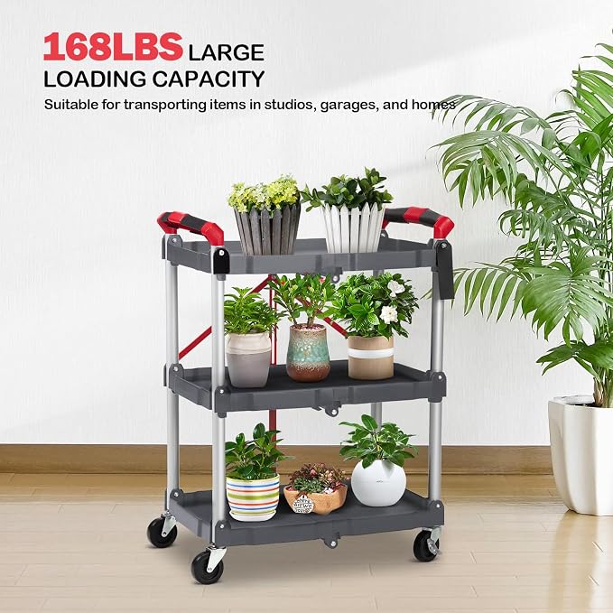 PioneerWorks Folding Utility Service Cart, Collapsible Cart with Wheels, 3 Tier Rolling Utility Cart, Folding Cart with Wheels Collapsible, Service Cart for Tool, Grocery, Bar, Kitchen, Office