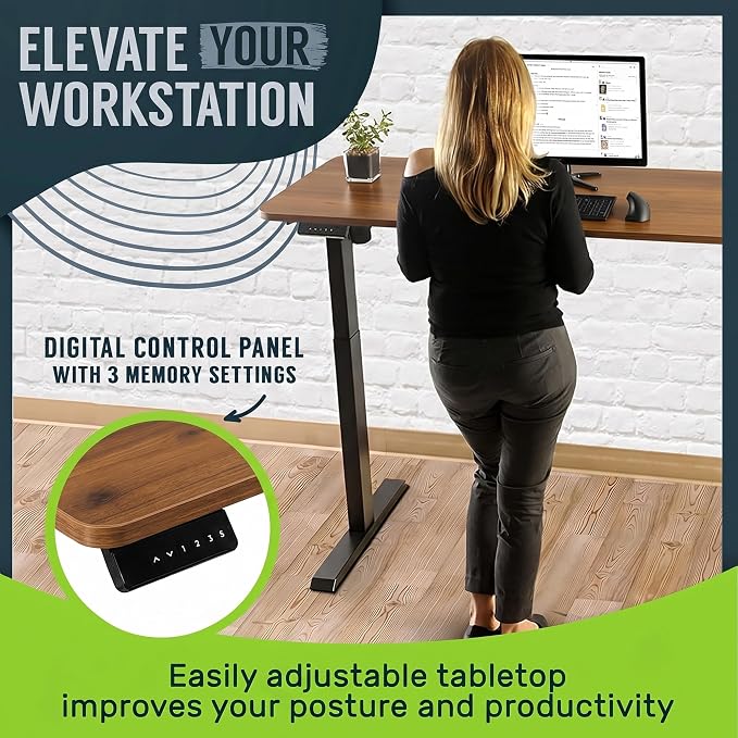 TechOrbits Electric Standing Desk Frame 60 x 24 Inch Tabletop - Motorized Workstation Two Leg Stand Up Desk with Memory Settings and Telescopic Sit Stand Height Adjustment (Black Frame/Wood BrownTop)