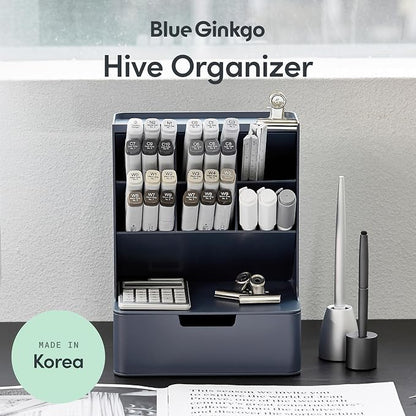 BLUE GINKGO Hive Desk Organizer – Vertical 6-Compartment, Full-drawer Storage – Space-Saving Pen Holder, Stationery Storage – Organizer for Office, School Supplies, Makeup (Made in Korea, Blue)