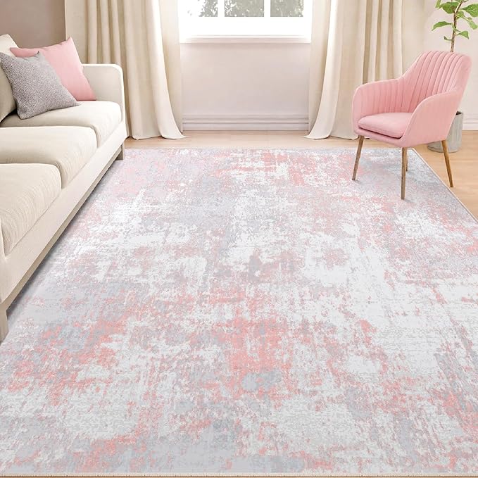 RELEANY Washable Area Rugs Square 7ft Non-Slip Modern Abstract Soft for Living Room Entryway Bedroom Kitchen, Print Pattern, Grey Pink