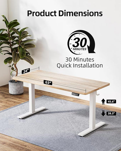 TIQLAB Standing Desk 63 x 24 inch, Electric Height Adjustable Desk with Splice Board, Sit Stand Desk Computer Table for Home Office, White Frame/Maple Top