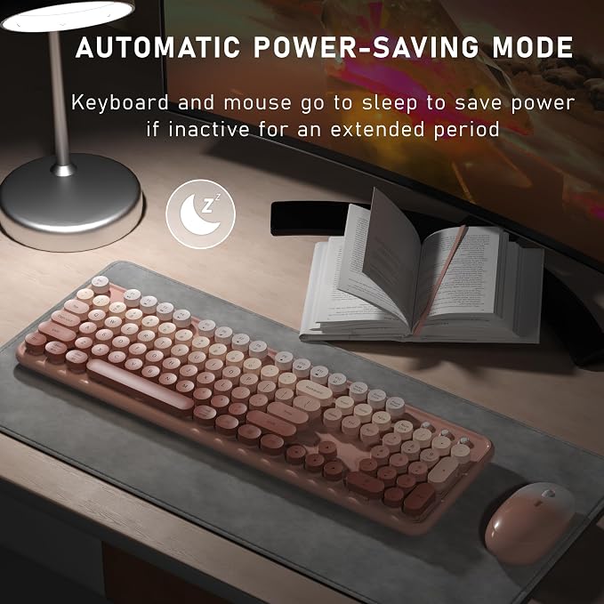 Links9+ Wireless Keyboard and Mouse, Full-Size Retro Typewriter Keyboard with Round Keycaps, 2.4GHz for Windows, Mac, Laptop, PC, Desktop (Peach Gradient)
