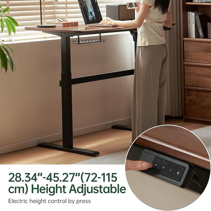 100% Solid Rubber Wood Electric Standing Desk, Walnut Finish Sit Stand Height Adjustable Desk with Cable Organizer,Ergonomic Computer Desk for Home Office Study Room 47.24" W