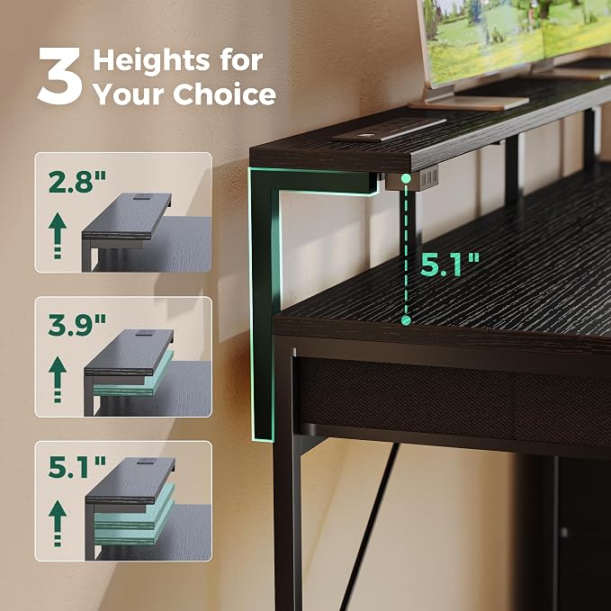 Huuger Gaming Desk with 6 Drawers, Computer Desk with LED Lights Power Outlets and Type-C, 47 Inch Office Desk with Storage, Monitor Stand, Writing Desk Work Desk Home Office, Bedroom, Black