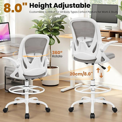 Ergonomic Drafting Chair with Flip-Up Armrests & Adjustable Footrest – Tall Office Chair for Standing Desks, Lumbar Support, Gray – Home & Office Comfort