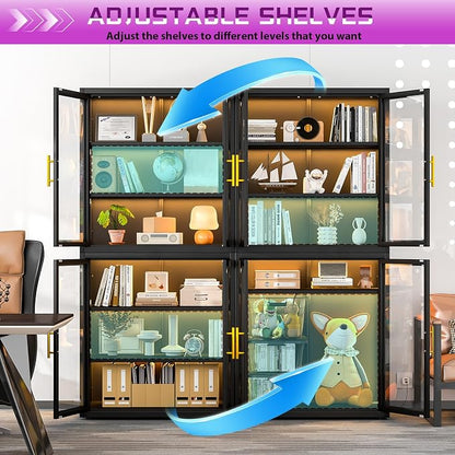 PAOFIN 67" Display Cabinet with Glass Doors, 4-Tier Curio Cabinet with Many Color Lights for Collectibles, Glass Display Case, Bookcase with 4 Shelves, Storage Cabinets, Black