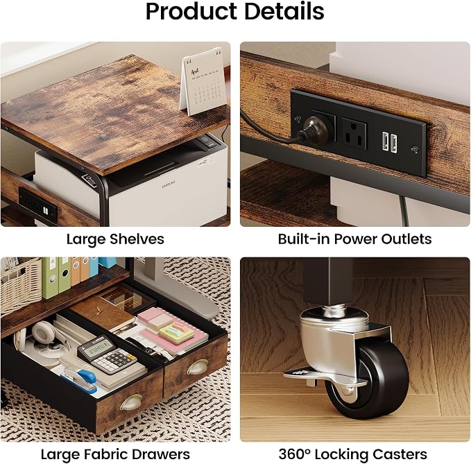Extra Large Printer Stand with 2 Farbic Drawer, 3 Tier Printer Table with 4-Adjustable Heights, Rolling Printer Cart with Storage for Printer Scanner Fax Home Office Use, Rustic Black and Brown