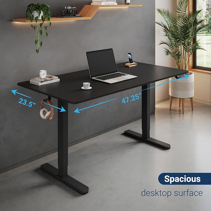 Techni Mobili 48” W Electric Standing Desk, Height Adjustable Sit-to-Stand Desk with 3 Memory Presets and Dual Accessory Hooks, Computer Workstation for Home or Office (Black)