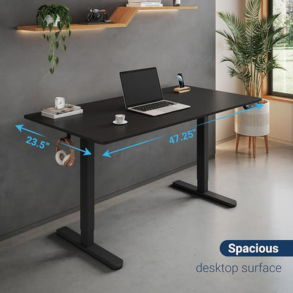Techni Mobili 48” W Electric Standing Desk, Height Adjustable Sit-to-Stand Desk with 3 Memory Presets and Dual Accessory Hooks, Computer Workstation for Home or Office (Black)