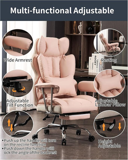 Efomao Big and Tall Office Chair 400LBS - Pink Heavy Duty Executive Office Chair with Footrest, Ergonomic Home Office Desk Chair, Wide Computer Chair for Heavy People | 400lbs support, 135° recline, dual-layer foam cushion, 23.5" seat & footrest. BIFMA