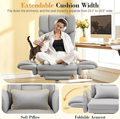 FelixKing Big and Tall Office Chair, 400LBS Wide Leather Executive Chair, Reversible Armrest for Pets Criss Cross Legged, 135° Reclining High Back Gaming Desk Chair with Lumbar Support Footrest, Gray