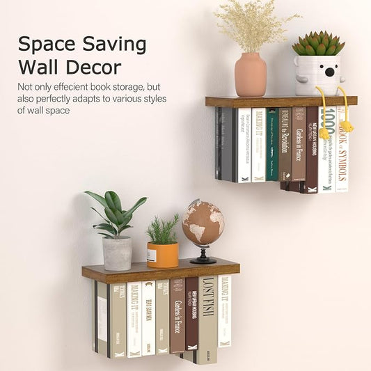 Floating Book Shelves for Wall Set of 2, Unique Wood Hanging Bookshelf | Easy Install Wall Bookshelf with Anti-Tilt Metal Bracket, Floating Bookshelf Storage Display Wall Shelves for Home Decor