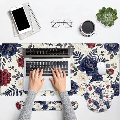 Britimes Navy Blue Florals Keyboard Mouse Pad Set Red Peony Florals Boho 4in1 Large Mousepad+Keyboard Wrist Rest+Mouse Wrist Rest+Coaster Ergonomic Design for Home Office Computer 35.4x15.7 inches