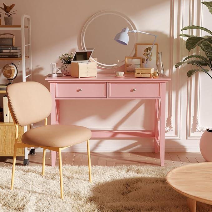 Lewahom Writing Computer Desk with Drawers, Cute Modern Table for Bedrooms, Pink Vanity Table Office Desk with Drawers, Home Computer Desk for Girls Living Room Entryway, Pink