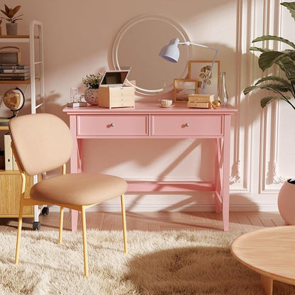 Lewahom Writing Computer Desk with Drawers, Cute Modern Table for Bedrooms, Pink Vanity Table Office Desk with Drawers, Home Computer Desk for Girls Living Room Entryway, Pink
