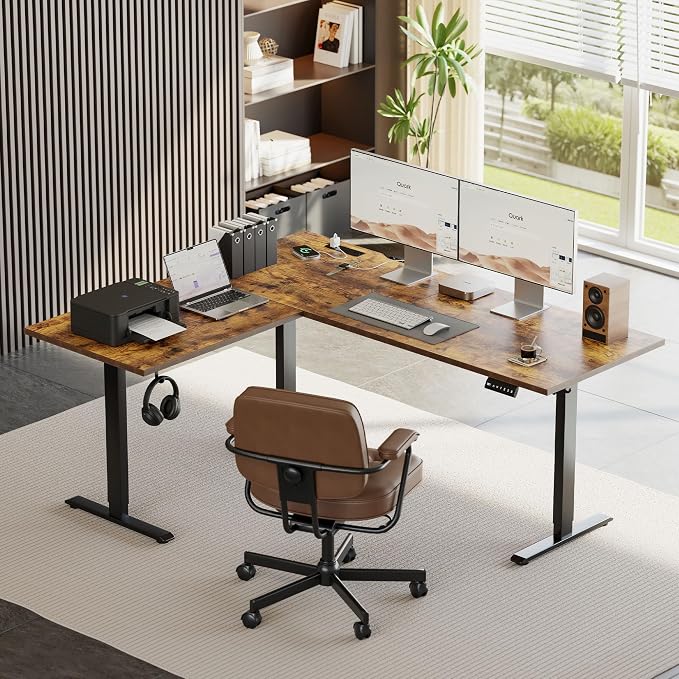 Agilestic Electric L Shaped Standing Desk 75 x 61 Inch with Power Outlet, Height Adjustable Corner Stand up Desk with Cable Management,Sit Stand Home Office Workstation with Splice Board, Rustic Brown