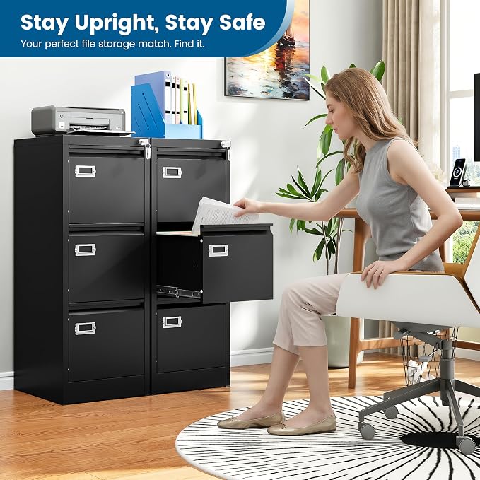 PEUKC 3-Drawer File Cabinet, 16.3" Deep Vertical Filing Cabinet with Lock, Metal File Cabinet for Home Office, Anti-Tip 3 Storage Drawers for Letter/Legal/A4/F4 Size, Assembly Required, Black