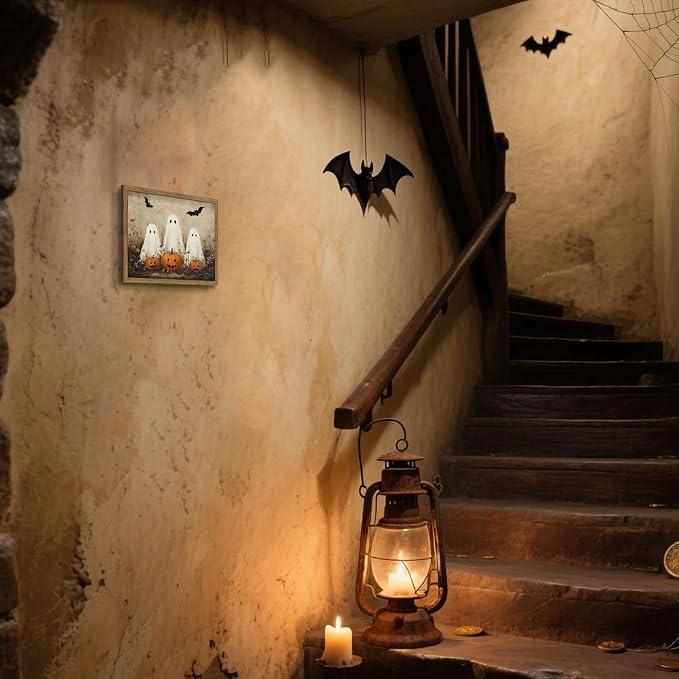 Framed Rustic Halloween Ghost Wall Art - Vintage Farmhouse Ghosts Pumpkins and Bats Canvas Print, Country Cottage Halloween Wall Decor for Living Room Bedroom, 8x10in Wood Frame