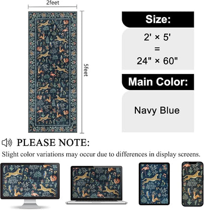 DUKINO 2x5 Rug for Hallway, Washable Kitchen Runner Rug with Non Slip Backing, Soft Low Pile Vintage Animal Runner for Bedroom, Kitchen, Hallway, Entryway, Laundry, Navy Blue