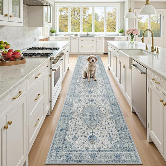RELEANY Area Rugs Runner 2'x9' Washable Non-Slip, Floral Vintage Distress Medallion Carpet for Kitchen Hallway Bedroom Beside Laundry Room Bathroom, Light Blue Navy Gray White