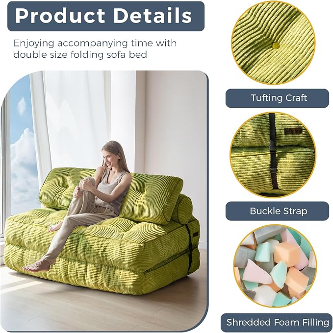 MAXYOYO Folding Sofa Bed, Convertible Chair with Pilow Foldable Couch with Back Support, Portable Fold Out Chair Bed for Living Room Bedroom, Green Double