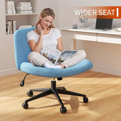 Criss Cross Chair with Wheels, Cross Legged Office Chair, Armless Office Chairs Adjustable Height Swivel Tilting Fabric Vanity Chairs for Home Bedroom (Blue)