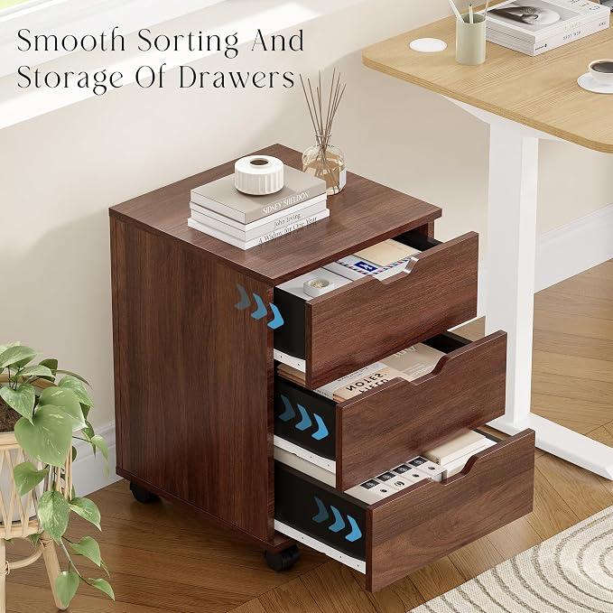 Farini 3-Drawer Under Desk Wooden File Storage Cabinet with Lockable Caster for Home Office,Brown,Fully Assembly