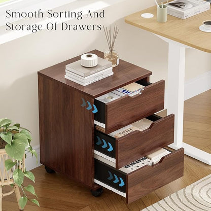 Farini 3-Drawer Under Desk Wooden File Storage Cabinet with Lockable Caster for Home Office,Brown,Fully Assembly