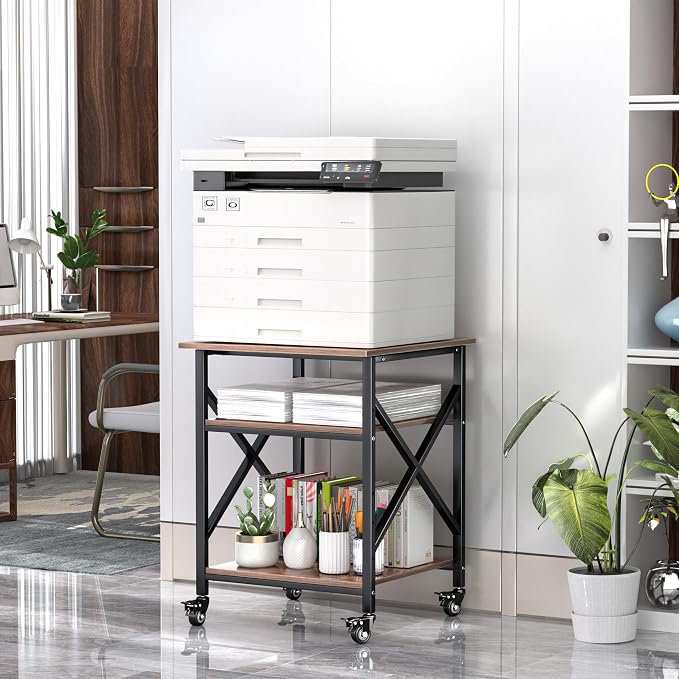Printer Stand, 23.6 x 23.6 Inches Large Printer Stand with Adjustable Storage Shelf, 3 Tier Printer Table for Home Office, Rolling Printer Cart with Industrial Wheels, Mini Fridge Stand Table, Vintage