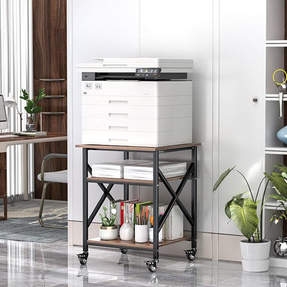 Printer Stand, 23.6 x 23.6 Inches Large Printer Stand with Adjustable Storage Shelf, 3 Tier Printer Table for Home Office, Rolling Printer Cart with Industrial Wheels, Mini Fridge Stand Table, Vintage