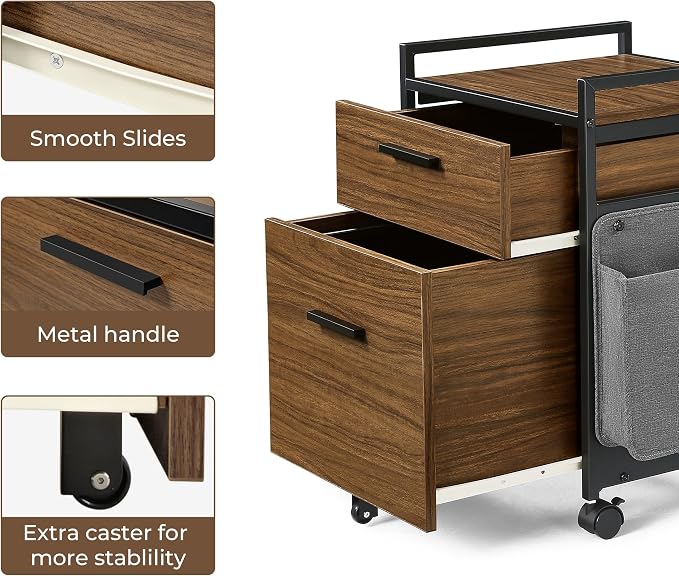 EUREKA ERGONOMIC 2 Drawer Mobile File Cabinet with Wheels, Solid Wood Rolling Storage Cabinet for Home Office, Space-Saving Under Desk Organization with Printer Stand, Walnut