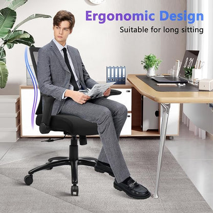 CLATINA Big and Tall Office Chair Heavy Duty Ergonomic Desk Chair 500lbs with Flip-up Arms & Wide Thick Seat Cushion Home Executive Swivel Mesh Chair for Study, Conference, Black