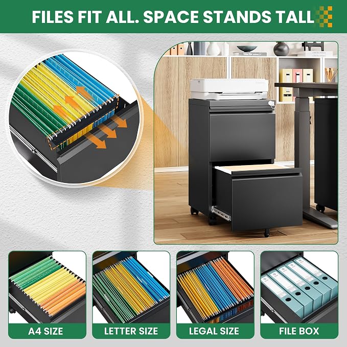 2 Drawer Locking Under Desk Metal Storage Cabinet on Wheels for Legal/Letter/A4 Files (Fully Assembled, Black)