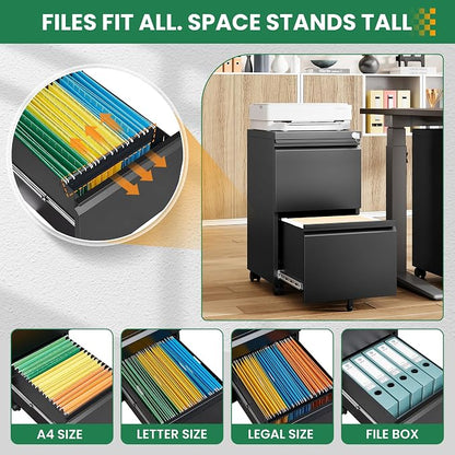 2 Drawer Locking Under Desk Metal Storage Cabinet on Wheels for Legal/Letter/A4 Files (Fully Assembled, Black)