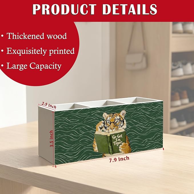 Funny Motivational Tiger Reading Pen Pencil Holder Organizer for Desk Accessories, Book Lover Reader Gifts, Eclectic Green Japandi Animal Bookish Wood Signs for Reading Nook Room Library Decor