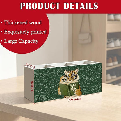 Funny Motivational Tiger Reading Pen Pencil Holder Organizer for Desk Accessories, Book Lover Reader Gifts, Eclectic Green Japandi Animal Bookish Wood Signs for Reading Nook Room Library Decor