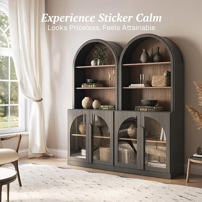 BELLEZE Set of 2 71" Tall Storage Cabinet with Glass Door, Sideboard Buffet Cabinet with Adjustable Shelves for Pantry Organizing, 5-Tier Modern Storage Unit for Living Room Home Office, Ebony