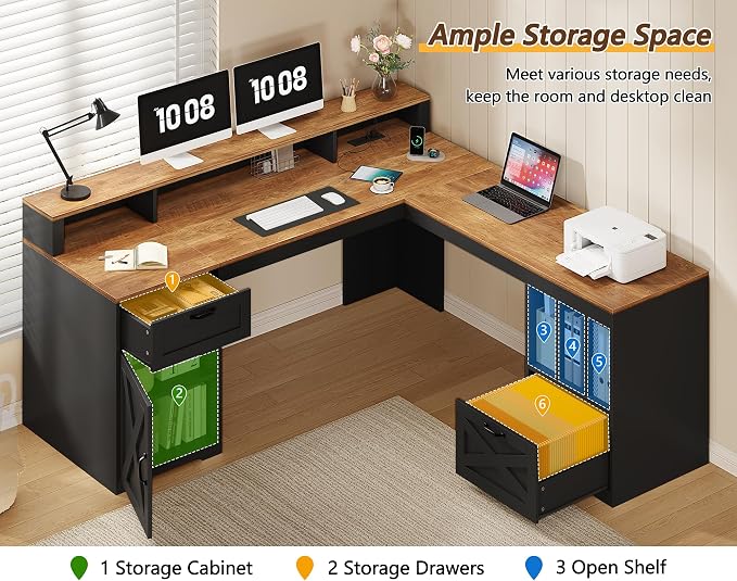 YOMILUVE Farmhouse 63" L Shaped Desk with Drawers and Storage Shelf, Home Office Desk with Power Outlets, Storage Cabinet, Corner Computer Desk with Long Monitor Stand, Brown and Black