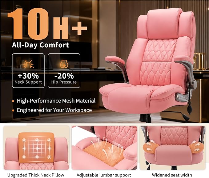 Large High Back Office Chair - Adjustable Lumbar Support Flip Up Arms Heavy Duty Quiet Wheels Metal Base Breathable Bonded Leather Ergonomic Executive Computer Desk Chair with Storage Bags, Pink