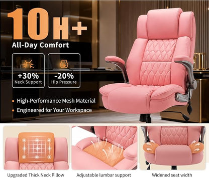 Large High Back Office Chair - Adjustable Lumbar Support Flip Up Arms Heavy Duty Quiet Wheels Metal Base Breathable Bonded Leather Ergonomic Executive Computer Desk Chair with Storage Bags, Pink
